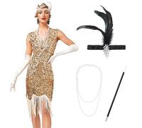 IBTOM CASTLE Robe Années 1920 Femme Robe Charleston Déguisement Robe à Franges Ensembles de Fêtes Robe Vintage Soirée Robe Elégante Costume Mascarade Or A M