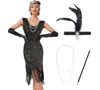 IBTOM CASTLE Robe Années 1920 Femme Robe Charleston Déguisement Robe à Franges Ensembles de Fêtes Robe Vintage Soirée Robe Elégante Costume Mascarade Noir M