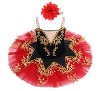 IBTOM CASTLE Robe Danse Ballet Enfant Fille Paillettes Justaucorps Gymnastique Danse Classique Tutu Paillette Collant Robe Patinage Princesse Pince de Cheveux Costume Noir - Rouge 7-8 Ans