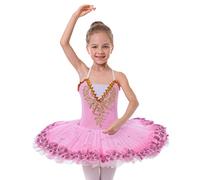 IBTOM CASTLE Robe Danse Ballet Enfant Fille Paillettes Justaucorps Gymnastique Danse Classique Tutu Paillette Collant Robe Patinage Princesse Pince de Cheveux Costume Rose Clair 7-8 Ans