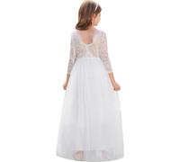 IBTOM Castle Robe de bouquetière bohème sans Manches/Manches Longues en Tulle avec Dentelle dans Le Dos - Robe Longue Formelle pour Anniversaire, Concours de beauté, Bal, Blanc - Manches 3/4, 11-12