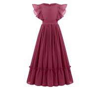 IBTOM CASTLE Robe de demoiselle d'honneur en mousseline de soie pour enfant,Robe de demoiselle d'honneur,Robe maxi élégante à volants,Robe de soirée d'anniversaire,Robe de bal, Bordeaux, 5-6 ans