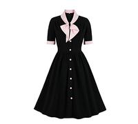 IBTOM CASTLE Robe des années 1940 pour femme, robe de cocktail vintage à manches courtes, robe évasée, robe rétro avec nœud papillon, Noir et rose., XXL