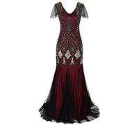 IBTOM CASTLE Robes des années 1920 Gatsby pour femmes, style Charleston, avec perles et sequins, col en V, sirène, robe de soirée formelle, pour soirée, danse, cocktail, robe longue de bal, costume