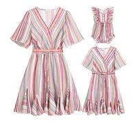 IBTOM CASTLE Robes Famille Maman et Moi Robe D'éTé DéContractéE à Volants en Léopard Ensemble MèRe-Fille Couleur Unie pour Fille Rayures Colorées 9-12 Mois