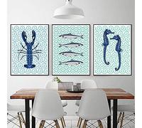 IBUKHSDGYIFH Côtier Homard Poisson Hippocampe Sardines Poisson De Mer Mur Art Impressions Affiches Animal Toile Peinture Salle De Bains Cuisine Décoration De La Maison Sans Cadre-30x40cmx3