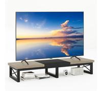 IBUYKE Meuble TV pour Télévision jusqu'à 60 Pouces,Support TV Court de Table,Support Télé avec 2 étagères Banc,Bureau Double écran,Salon, Chambre, Cadre en Acier,Gris Noir TVT002YB