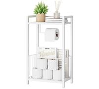 IBUYKE Support de papier toilette autonome avec étagère de rangement, distributeur de rouleaux de papier toilette avec espace supplémentaire pour rouleaux, magazines, lingettes humides, blanc TLJ020W