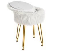 IBUYKE Tabouret Rond Faux Fourrure vanité avec Stockage, Chaise de Maquillage à Fourrure ottomane, siège rembourré Doux, tabourets Ronds Repose-Pieds avec 4 Jambes en métal, Blanc WBD021W