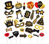 IBXWMNG 30 Pièces Accessoires Photobooth 18 Ans, Décoration Anniversaire 18 Ans Noir et Or, Kit Accessoires Photo pour Fête d'Anniversaire Garçon et Fille, Accessoire Selfie Rigolo pour Soirée