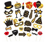 IBXWMNG 30 Pièces Accessoires Photobooth Anniversaire, Kit Photobooth Noir et Or avec Bâtonnets, Décoration Anniversaire pour Fête, Soirée, Mariage, Accessoire Photo Props Thème Happy Birthday