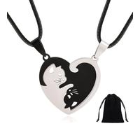 IBXWMNG Lot de 2 Colliers Couple Chat Noir et Blanc, Pendentif Cœur Puzzle Amitié avec Cordon Noir, Bijoux BFF pour Amoureux et Meilleurs Amis, Cadeau Anniversaire avec Pochette en Velours