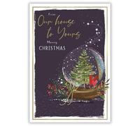 IC&G Our House to Your House Carte de Noël - Motif boule à neige festive - Finition aluminium et paillettes - Carte de vœux de Noël artistique