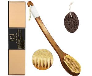 ICANdOIT Brosse de bain antidérapante à long manche, brosse de douche à manche courbé pour exfoliation, brosse à récurer en poils de sanglier naturels avec résistance normale pour une utilisation sur