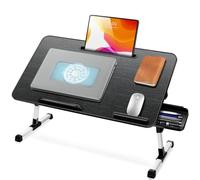 ICARE Support Ordinateur Portable Lit, Table de Lit avec Refroidisseur PC Portable, Support pour Tablette,Tiroir, Réglable en Hauteur et Angle (60 x 34 cm, Noir)
