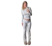 IcassE Ensemble de salon en coton, costume deux pièces de jogging avec pantalon Long coupe ajustée, ensemble de survêtements doux et confortables (Grey Long Sleeve Set,M)