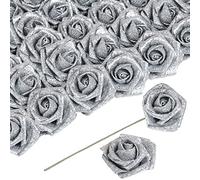 ICBOX Lot de 30 fleurs artificielles en mousse à paillettes argentées avec tige, roses brillantes pour bouquets de mariage, fête, décoration d'intérieur (argent)