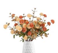 ICBOX Pompom Mum Lot de 8 tiges de fleurs artificielles Kiku avec 3 branches d'eucalyptus Mélange de fleurs oranges pompons en soie pour bouquet de mariage, maison, fête, arrangements floraux (mélange