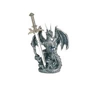 ICE ARMOR Figurine de dragon argenté médiéval tenant une pierre précieuse bleue et une épée de 12,7 cm de haut, statue de gardien pour bureau, maison, salon, table, cadeau parfait pour pendaison de