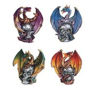 Ice Armor Lot de 4 Figurines de Dragons Verts, Bleus, Rouges et Violets Debout sur Un crâne de 7,6 cm de Hauteur - Sculpture de Dragon Mythique Magnifiquement détaillée, Statue de Collection Peinte à
