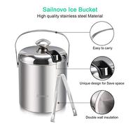 Ice bucket, double-walled stainless steel ice bucket with lid and ice tongs [1.2 liters] Ice cold & dry, leather handle,