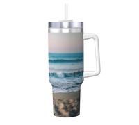 Ice Bully Gobelet isotherme de 1200 ml avec poignée et paille - Gourde en acier inoxydable étanche - Motif Beach and sea Print