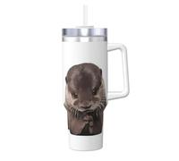 Ice Bully Tasse isotherme en acier inoxydable avec poignée et paille Motif loutre mignon 1200 ml