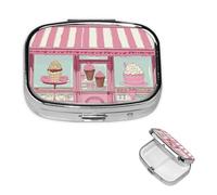 Ice Cream Store Pilulier carré portable à 2 compartiments pour poche ou sac à main Petit planificateur hebdomadaire de médicaments de voyage avec miroir décoratif en métal Porte-vitamines Cadeau