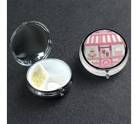 Ice Cream Store Pilulier rond portable à 3 compartiments pour poche ou sac à main Petit planificateur hebdomadaire de médicaments de voyage avec miroir décoratif en métal Porte-vitamines Cadeau