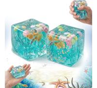 Ice Cube Squishy Stress Balls - Quiet Sensory Fidget with Snowflakes & Marine Shells Inside, Slow Rise Square Squeeze Toy for Adults Focus, 2.1 inch Gel Cube (2Pcs)