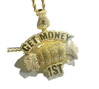 ICEDIAMOND 14K Creative Get Money First Inspiring Necklace, Iced Out Bright CZ Diamond Big Pendentif avec chaîne de corde de 24 '', Bijoux Hip Hop plaqué or pour homme