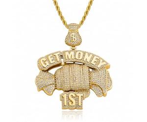 ICEDIAMOND 14K Creative Get Money First Inspiring Necklace, Iced Out Bright CZ Diamond Big Pendentif avec chaîne de corde de 24 '', Bijoux Hip Hop plaqué or pour homme