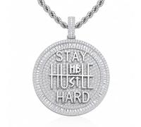 ICEDIAMOND Collier pendentif d'encouragement Stay Humble-Hustle Hard en plaqué or 14 carats, bijou de charme hip-hop en CZ et diamants pour hommes femmes. (White)