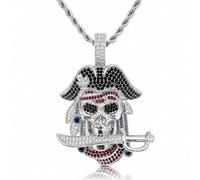 ICEDIAMOND Collier pendentif tête de mort de pirate plaqué or 18 carats, Iced Out CZ Diamond Skeleton Captain Charm, Bijoux Hip Hop pour hommes (White)