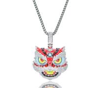 ICEDIAMOND Collier pour homme Hip Hop en or blanc 14 carats avec pendentif lion éveillé CNY en diamant CZ et chaîne à maillons carrés Franco, 24'' / 20'', Laiton, Zircone cubique