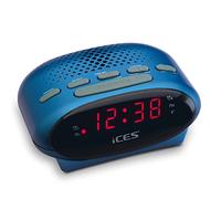 ICES ICR-210 Blue -Tuner PLL-FM- Haut-parleurs intégrés- Radio-réveil- Fonctionnement sur Piles- Écran LED- Double Fonction d'alarme- Fonction Snooze- Radio-réveil FM-Bleu