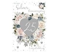 ICG Carte 25e anniversaire de mariage en argent - 25 ans - Roses et fleurs de pivoine avec cœurs en feuille d'argent - Fabriquée en Angleterre