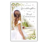 ICG The Essence Range Carte de premire communion pour petite-fille avec marguerites et fille portant une croix Finition aluminium