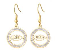 Ichthus Boucles d'oreilles Jésus Christ Croix Poisson Ichthys Boucles d'oreilles Sceau de Jérusalem Amulette religieuse Bijoux chrétiens Cadeau de baptême ou de Pâques pour femme, Moyen, Acier