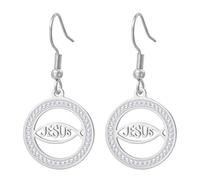 Ichthus Boucles d'oreilles Jésus Christ Croix Poisson Ichthys Boucles d'oreilles Sceau de Jérusalem Amulette religieuse Bijoux chrétiens Cadeau de baptême ou de Pâques pour femme, Moyen, Acier