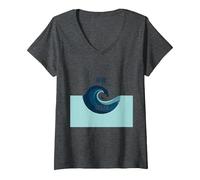 Ici pour l'océan : Surfer's Paradise Wave T-Shirt avec Col en V, Femme, Chiné Foncé, XXL