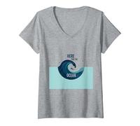 Ici pour l'océan : Surfer's Paradise Wave T-Shirt avec Col en V, Femme, Gris Chiné, XL