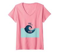 Ici pour l'océan : Surfer's Paradise Wave T-Shirt avec Col en V, Femme, Rose, M