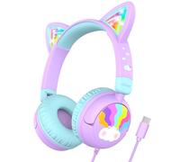 iClever USB Type-C Casque Audio Enfant, d'oreilles de Chat avec Éclairage LED, Volume Limité 85dba, Son Stéréo, Casque d'Écoute pour Enfants Pliable avec Fil 3.5 mm, pour ipad, Tablettes, Voyages