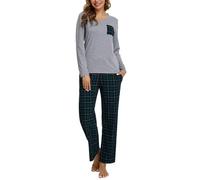 iClosam Ensemble de Pyjama Femme Coton Pyjama Hiver Long col V Vêtements de Nuit 2 Pièces à Carreaux à Manche Longue Pyjama avec Poches Latérales