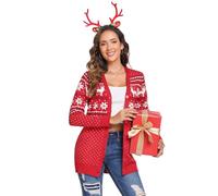 iClosam Gilet Noël Femme Cardigan Noel Femme Hiver Cardigan Femme Chaud avec Bouton Gilet Femme Motif de Renne en Tricot Pullover de Noël a Manches Longues S-XXL