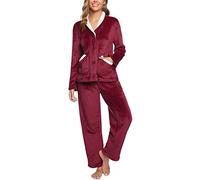 iClosam Pyjama Femme Chaud Ensemble de Pyjama en Polaire Col V Vêtements de Détente en Flanelle avec 2 Poches Vêtements de Nuit Hiver à Manches Longues