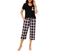 iClosam Pyjama Femme Coton Ete VêTements de Nuit Été 2 Pièces Ensemble de Pyjama à Carreaux Confortable Doux Tenue de Nuit Court col V Respirant