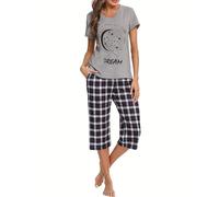iClosam Pyjama Femme en Coton ete Ensemble de Pyjama à Carreaux VêTements de Nuit Court Doux Respirant Vêtements de Détente 2 Pièces à Manche Courte Confortable