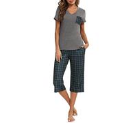 iClosam Pyjama Femme Été Coton Ensemble de Pyjama 2 Pièces VêTements de Nuit à Carreaux Confortable Doux Tenue de Nuit Court Respirant Vêtements de Détente col V